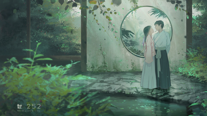 1boy 1girl arm_around_waist artist_name black_hair bow bush eyes_closed garden hair_bow hakama japanese_clothes long_hair muted_color nature original outdoors path pond road scenery short_hair standing water wudi_sao_nian