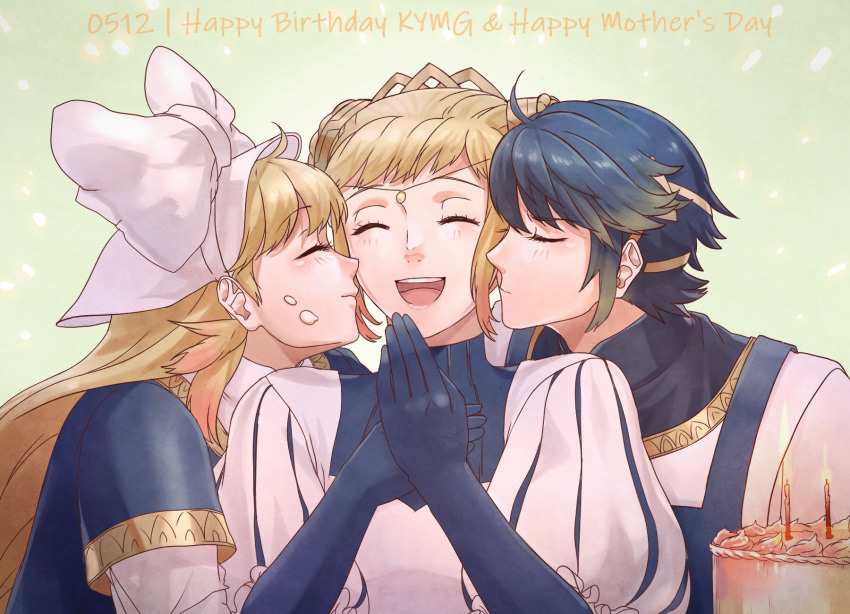 1boy 2girls ahoge alfonse_(fire_emblem) alternate_costume blonde_hair blue_hair blush brother_and_sister cake cheek_kiss commentary crown double_bun english_commentary english_text eyebrows_visible_through_hair eyes_closed fire_emblem fire_emblem_heroes food food_on_face gloves gradient_hair hair_ornament hair_ribbon henriette_(fire_emblem) highres kiss long_hair mother's_day mother_and_daughter mother_and_son multicolored_hair multiple_girls nintendo open_mouth ribbon rokusashu sharena short_hair siblings smile
