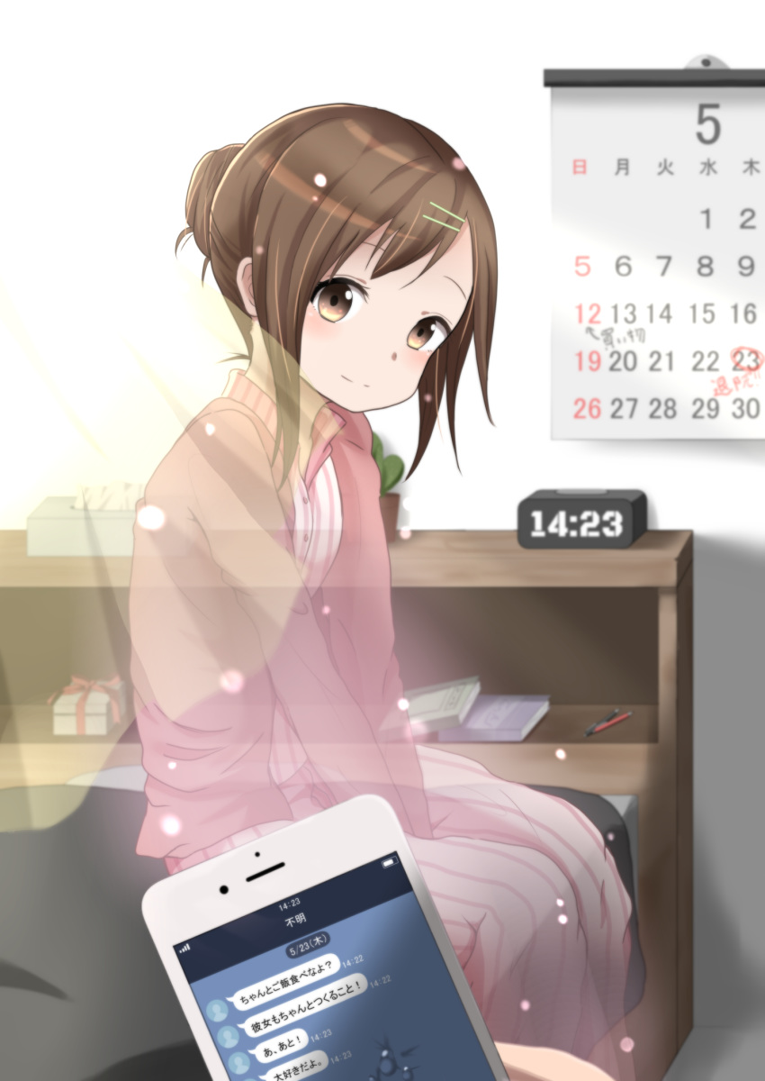 1girl aki_(yunkana) bed book box brown_eyes brown_hair calendar_(object) cardigan cellphone clock commentary_request digital_clock gift gift_box hair_bun hair_ornament hairclip head_tilt highres light_particles light_smile looking_at_viewer mechanical_pencil on_bed original pajamas pencil phone pink_cardigan plant potted_plant pov pov_hands short_hair sidelocks sitting sitting_on_bed smartphone striped striped_pajamas text_messaging tissue_box translation_request transparent