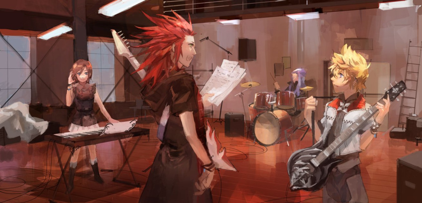 1girl 3boys black_hair blonde_hair blue_hair boots cymbals drum drum_set drumsticks guitar instrument isa_(kingdom_hearts) jacket jewelry keyboard_(instrument) kingdom_hearts kingdom_hearts_iii lea_(kingdom_hearts) limiicirculate multiple_boys music necklace paper playing_instrument red_hair roxas sleeveless smile spiked_hair spoilers wristband xion_(kingdom_hearts)