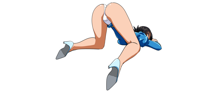 1girl agent_aika aika_(series) ass bangs black_hair blue_delmo blue_footwear blue_shirt blue_skirt commentary commission delmogeny_uniform english_commentary extra eyes_closed from_behind full_body high_heels highres huge_filesize juliet_sleeves kneepits long_sleeves on_floor panties pantyshot pencil_skirt puffy_sleeves shirt short_hair skirt solo thighs top-down_bottom-up turnip007 unconscious underwear white_panties