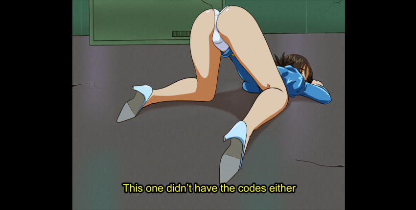 1girl 90s agent_aika aika_(series) ass bangs black_hair blue_delmo blue_footwear blue_shirt blue_skirt commentary commission delmogeny_uniform english_commentary english_text extra eyes_closed fake_screenshot from_behind full_body high_heels highres huge_filesize indoors juliet_sleeves kneepits long_sleeves on_floor panties pantyshot pencil_skirt pillarboxed puffy_sleeves shirt short_hair skirt solo subtitled thighs top-down_bottom-up turnip007 unconscious underwear white_panties