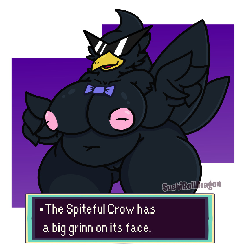 1:1 2019 anthro avian beak belly big_breasts bird black_feathers bow_tie breasts corvid corvus_(genus) crow digital_media_(artwork) earthbound_(series) english_text eyewear feathered_wings feathers female hi_res navel nintendo nipples non-mammal_breasts nude open_mouth overweight overweight_female pussy simple_background smile solo spiteful_crow_(earthbound) standing sunglasses sushirolldragon text textbox thick_thighs video_games wings