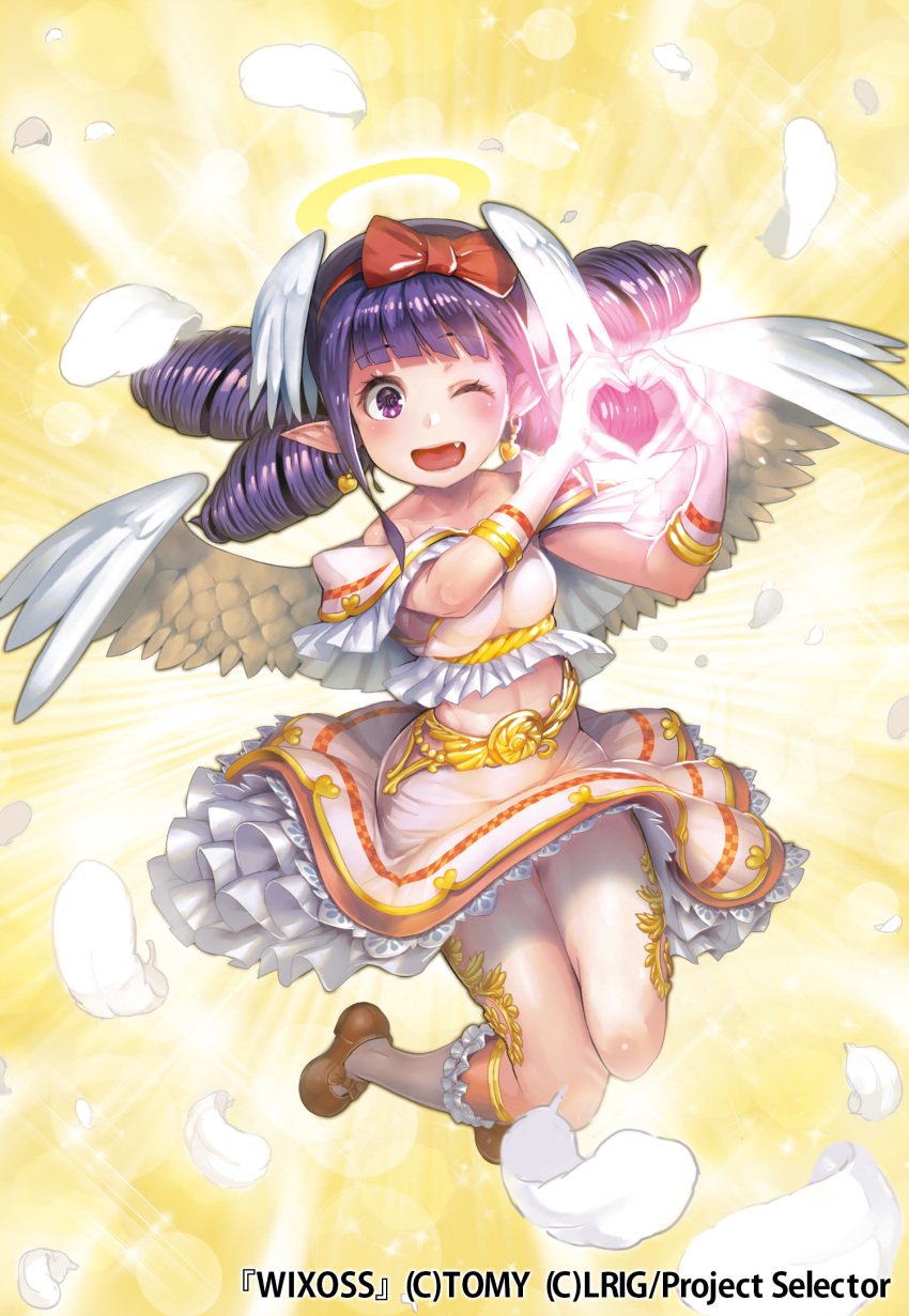 1girl ;d bow breasts dress drill_hair earrings fang feathers frills full_body gloves gold_trim hair_bow hair_wings hairband hands_up heart heart_earrings heart_hands highres holding jewelry kousaku looking_at_viewer medium_breasts midriff official_art one_eye_closed open_mouth pointy_ears purple_eyes quad_drills red_bow red_hairband smile solo white_feathers white_gloves white_wings wings wixoss yellow_background