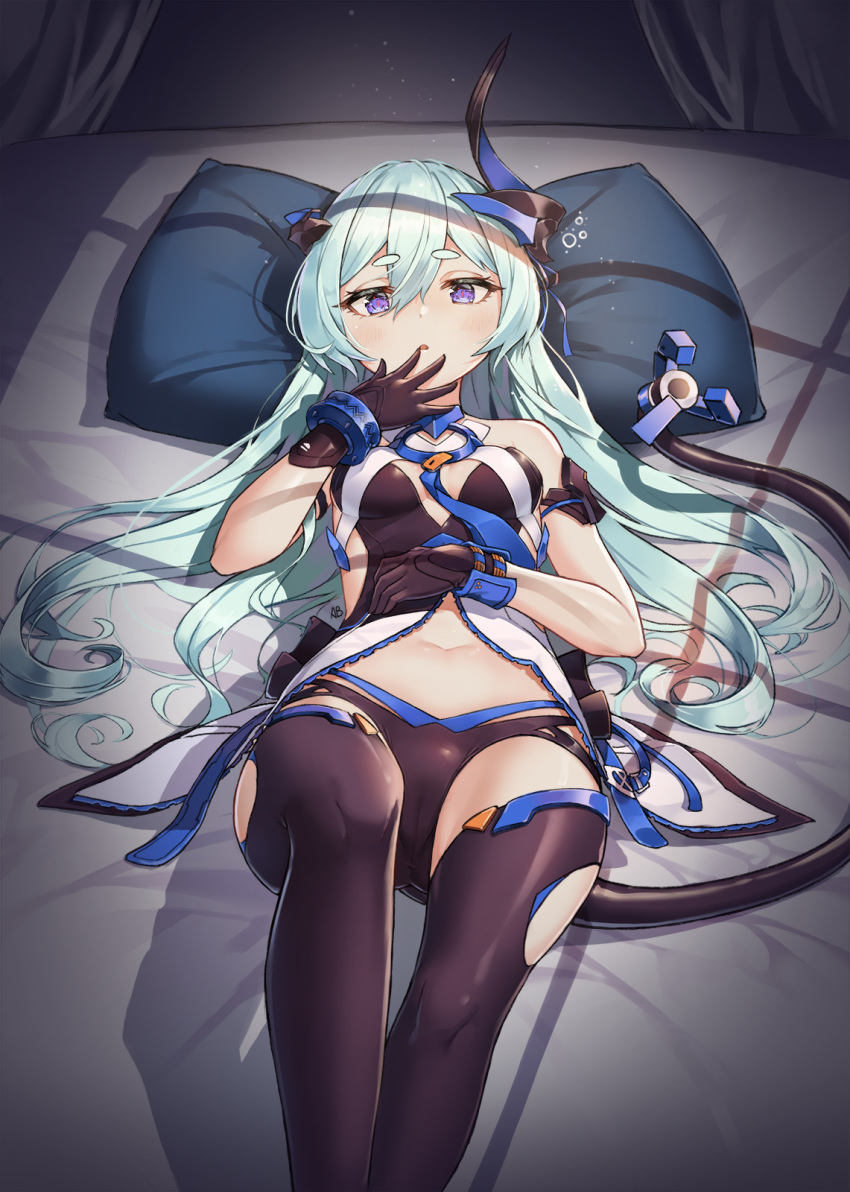 1girl aliceblue aqua_hair armband bangs bare_shoulders black_gloves black_legwear black_panties blush breasts choker dress eyebrows_visible_through_hair gloves hair_ornament hair_ribbon hand_to_own_mouth hand_up highres honkai_(series) honkai_impact_3rd horn knee_up liliya_olyenyey long_hair looking_at_viewer lying mechanical_tail multi-strapped_panties navel on_back open_clothes open_dress panties purple_eyes ribbon short_eyebrows sleeveless sleeveless_dress small_breasts tail thick_eyebrows thighhighs underwear