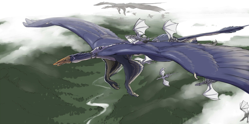ambiguous_gender bird's-eye_view blue_feathers claws cloud dragon feathered_dragon feathered_wings feathers flying forest group hi_res high-angle_view human kikurage landscape large_group mammal membranous_wings mountain orange_eyes size_difference smaller_ambiguous tree wings
