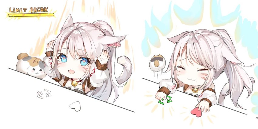 1girl :3 :d animal animal_ears armpits arms_up bell blue_eyes bongo_cat cat cat_ears cat_tail closed_mouth collar commentary_request detached_sleeves earrings eyes_closed facial_mark final_fantasy final_fantasy_xiv heart heart-shaped_pupils jewelry jingle_bell long_hair long_sleeves looking_at_viewer maneki-neko miqo'te momoko_(momopoco) motion_lines open_mouth ponytail puffy_sleeves silver_hair smile symbol-shaped_pupils tail