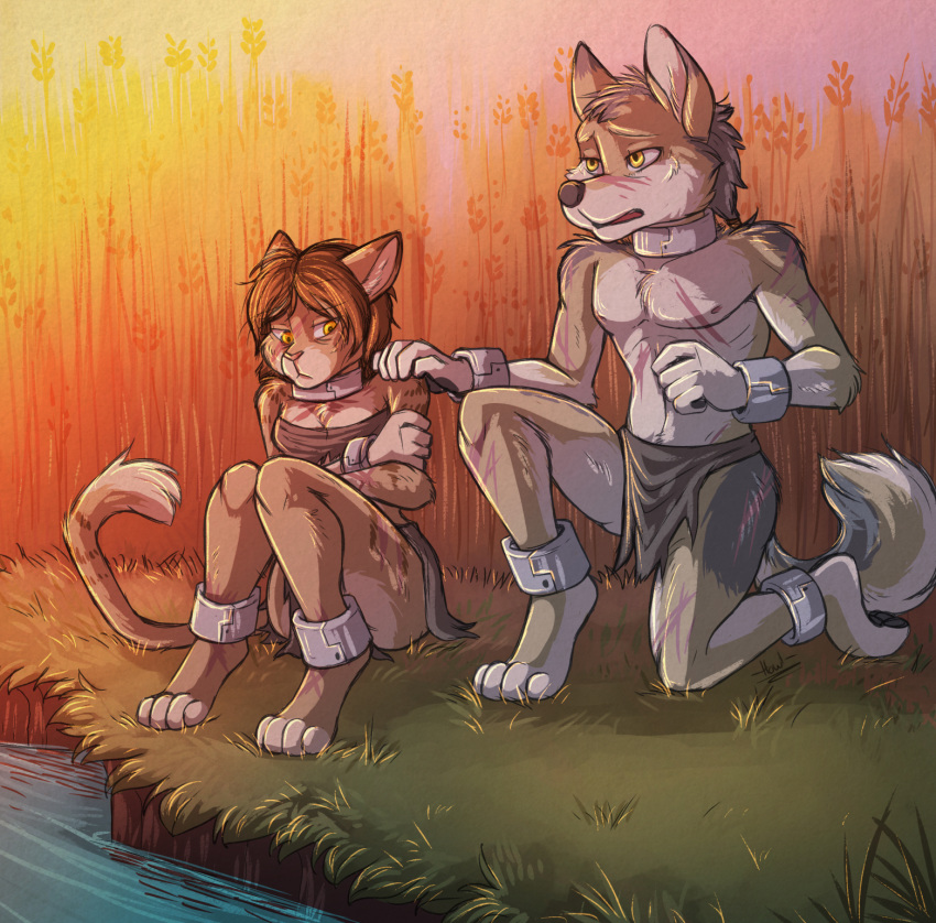 anthro canid canine canis clothed clothing collar coyote domestic_dog duo felid feline female hi_res howlart hybrid kneeling loincloth male mammal outside sitting whip_marks