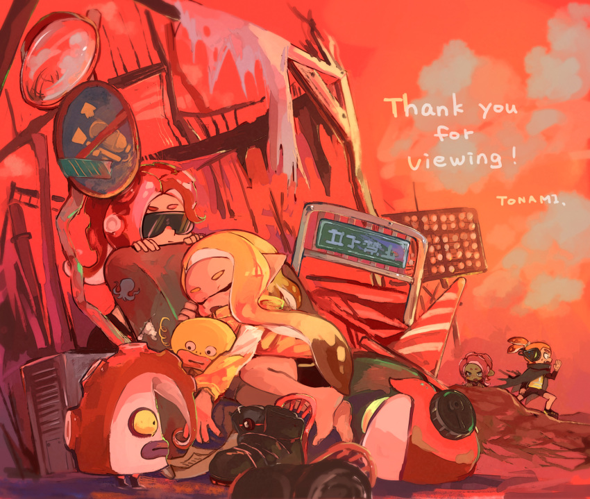 1boy 3girls bike_shorts black_shirt black_shorts blonde_hair blush boots_removed cape dark_skin denchinamazu domino_mask english_text fangs highres inkling junkyard long_hair makeup mascara mask medium_hair multiple_girls octarian octoling octopus octotrooper open_mouth pointy_ears red_hair scrunchie shirt shoes short_hair shorts single_vertical_stripe sleeping sneakers splatoon splatoon_(series) splatoon_1 splatoon_2 splatoon_2:_octo_expansion squidbeak_splatoon suction_cups sunglasses takozonesu tentacle tentacle_hair tona_bnkz topknot