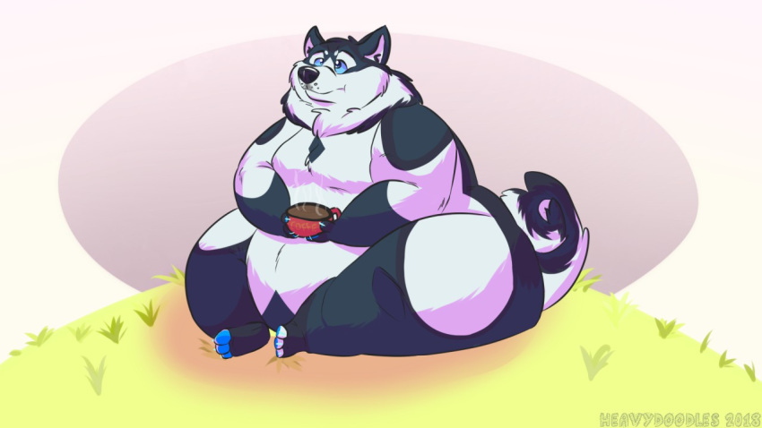 16:9 anthro belly beverage big_belly big_butt black_fur butt canid canine canis claws coffee domestic_dog fur heavy_doodles holding_beverage holding_object husky male mammal nordic_sled_dog nude obese obese_male outside overweight overweight_male sitting solo spitz thick_thighs white_fur wide_hips