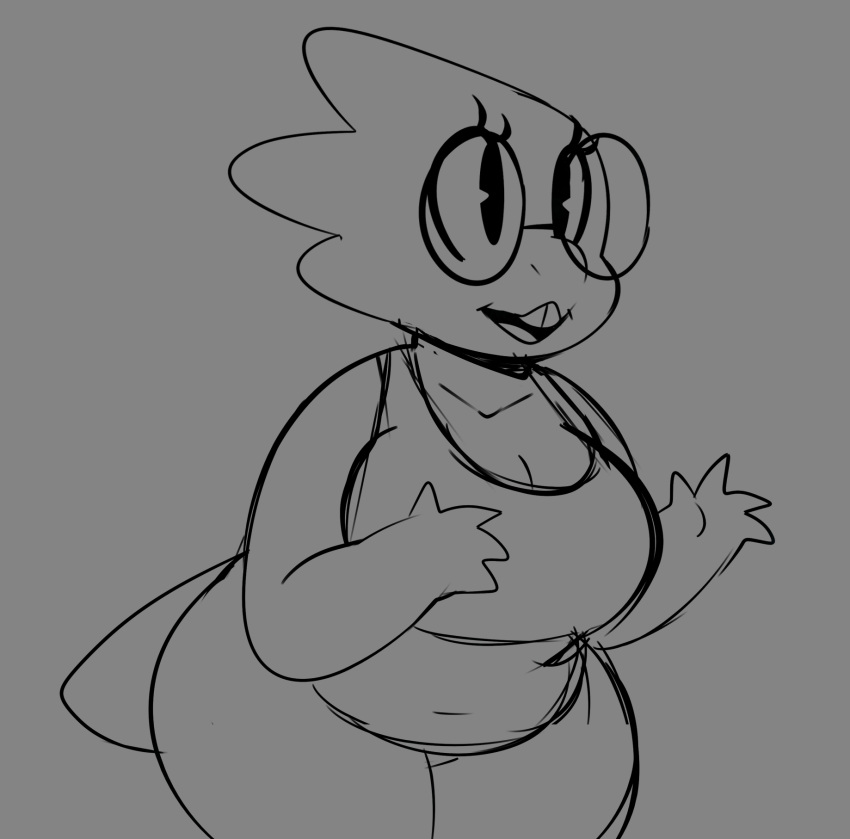 4_fingers alphys anthro big_breasts black_and_grey breasts buckteeth cleavage clothed clothing collarbone eyelashes eyewear female glasses hi_res line_art lizard monochrome open_mouth open_smile portrait reptile scalie shirt sketch slightly_chubby smile solo somescrub standing tank_top teeth thick_thighs three-quarter_portrait topwear undertale video_games wide_hips