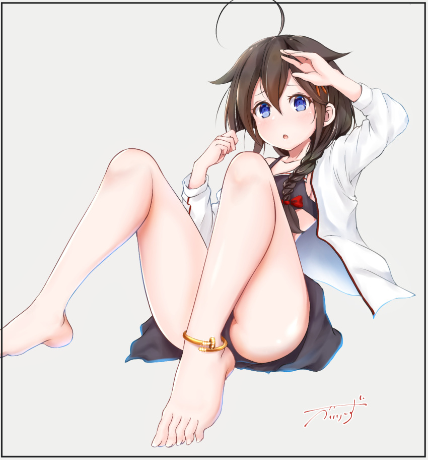 1girl :o ahoge anklet arm_up baileys_(tranquillity650) bangs bare_legs barefoot black_bra black_skirt blue_eyes blush bow bra braid breasts brown_hair casual eyebrows_visible_through_hair gold grey_background hair_between_eyes hair_bow hair_flaps hair_ornament hair_over_shoulder highres jewelry kantai_collection long_hair long_sleeves looking_at_viewer open_clothes open_shirt reclining red_bow remodel_(kantai_collection) shigure_(kantai_collection) shirt sidelocks signature simple_background single_braid sitting skirt solo underwear white_shirt