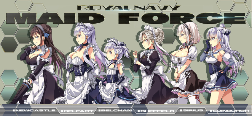 6+girls adjusting_eyewear apron azur_lane belchan_(azur_lane) belfast_(azur_lane) black_hair blue_eyes braid breasts character_name cleavage collar collarbone commentary_request edinburgh_(azur_lane) english_text glasses gloves grey_hair highres hihiirokane_m large_breasts long_hair looking_at_viewer looking_to_the_side maid maid_apron maid_headdress multiple_girls newcastle_(azur_lane) purple_eyes remodel_(azur_lane) sheffield_(azur_lane) short_hair side_braid silver_hair sirius_(azur_lane) translation_request