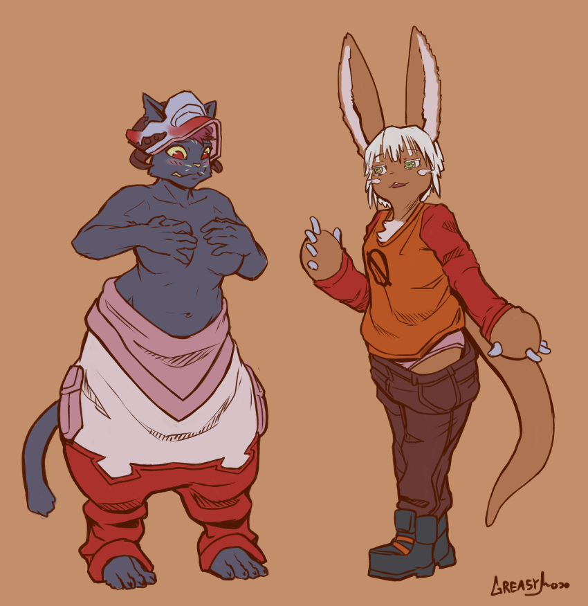 anthro breasts claws clothed clothing colored crossover duo embarrassed feet felid feline female greasymojo happy hi_res lagomorph made_in_abyss mae_borowski mammal nanachi narehate navel night_in_the_woods notched_ear partially_clothed signature smug video_games