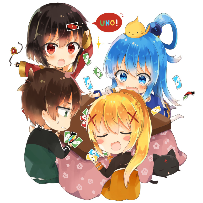 1boy 3girls animal animal_on_head aqua_(konosuba) bird bird_on_head black_hair blonde_hair blue_eyes blue_hair blush blush_stickers brown_hair chibi chick chomusuke commentary darkness_(konosuba) emperor_zel eyepatch eyepatch_removed eyes_closed fingerless_gloves gloves hair_ornament hair_rings highres jacket kono_subarashii_sekai_ni_shukufuku_wo! kotatsu long_hair multiple_girls on_head playing_games ponytail red_eyes satou_kazuma short_hair sitting speech_bubble sweatdrop table tears track_jacket track_suit triangle_mouth uno_(game) white_background x_hair_ornament yuno_(suke_yuno)