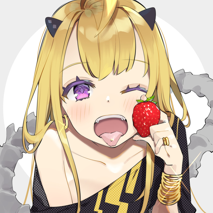 1girl ahoge bangle bangs bare_shoulders black_shirt blonde_hair blush bone_tail bracelet collarbone colored_eyelashes earrings eyebrows_visible_through_hair food fruit glint hand_up highres holding holding_food hoop_earrings horns jewelry long_hair off_shoulder omucchan_(omutyuan) one_eye_closed open_mouth original piercing purple_eyes shirt solo strawberry tongue tongue_out tongue_piercing