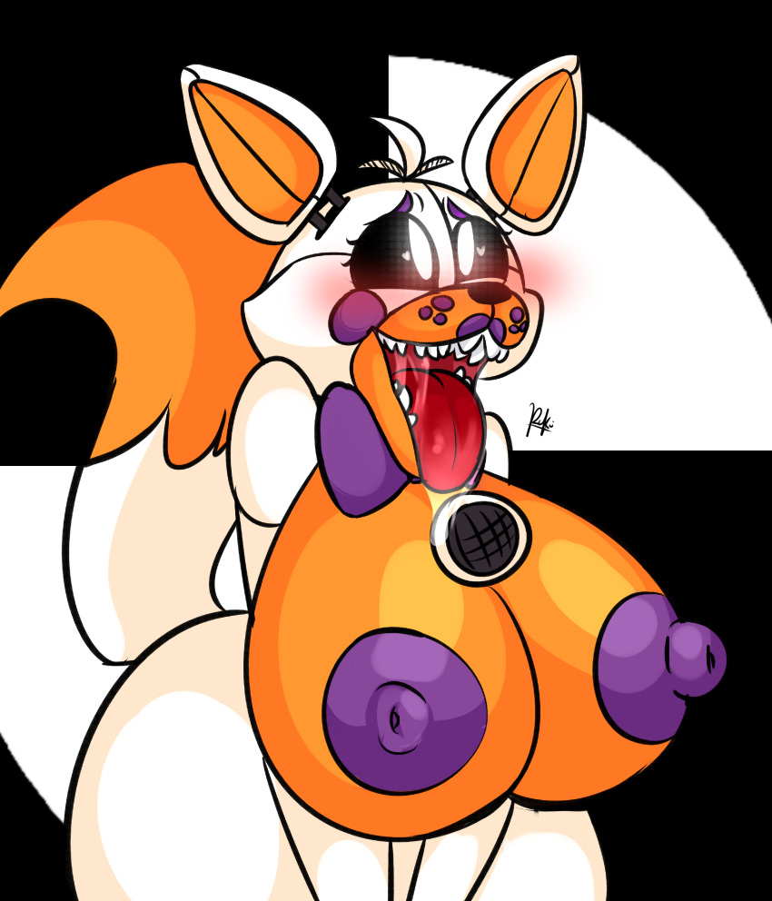 &lt;3 &lt;3_eyes absurd_res ahegao areola big_breasts breasts canid canine female five_nights_at_freddy's five_nights_at_freddy's_world fox fur hi_res lipstick lolbit_(fnaf) looking_pleasured machine makeup mammal nic-m-lyc nipples nude robot saliva solo tongue tongue_out video_games white_fur