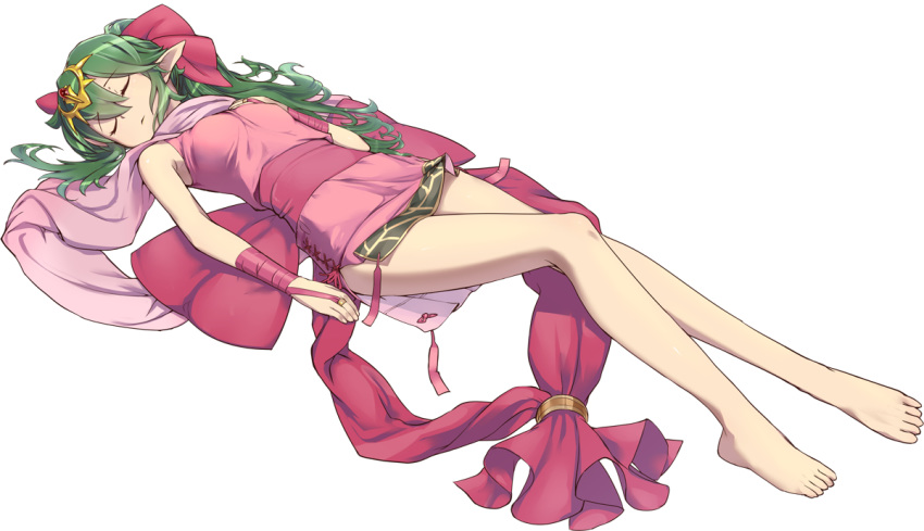 1girl barefoot bow breasts chiki dress fire_emblem fire_emblem:_monshou_no_nazo hair_bow long_hair lying mamkute nintendo on_back pointy_ears ponytail sleeping sleeveless sleeveless_dress small_breasts uro_(oolong) white_background