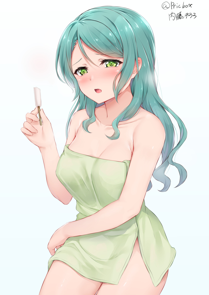 10s 1girl aqua_hair artist_name bang_dream! blush collarbone commentary food green_eyes highres hikawa_sayo holding holding_food long_hair looking_at_viewer naitou_kirara naked_towel open_mouth popsicle solo towel twitter_username