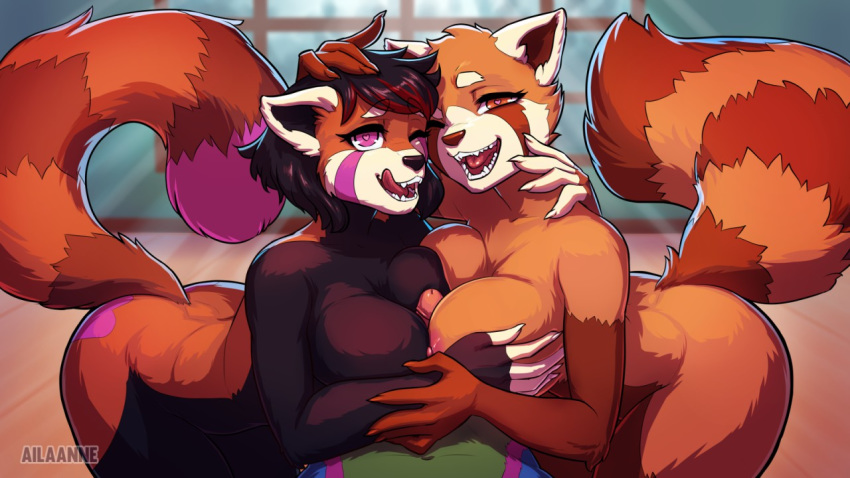 16:9 2019 5_figners aggressive_retsuko ailaanne ailurid anthro breasts brown_eyes brown_fur detailed_background digital_media_(artwork) double_titfuck female fur group licking licking_lips male mammal nude open_mouth penis red_panda retsuko sanrio self_lick sex smile teeth titfuck tongue tongue_out