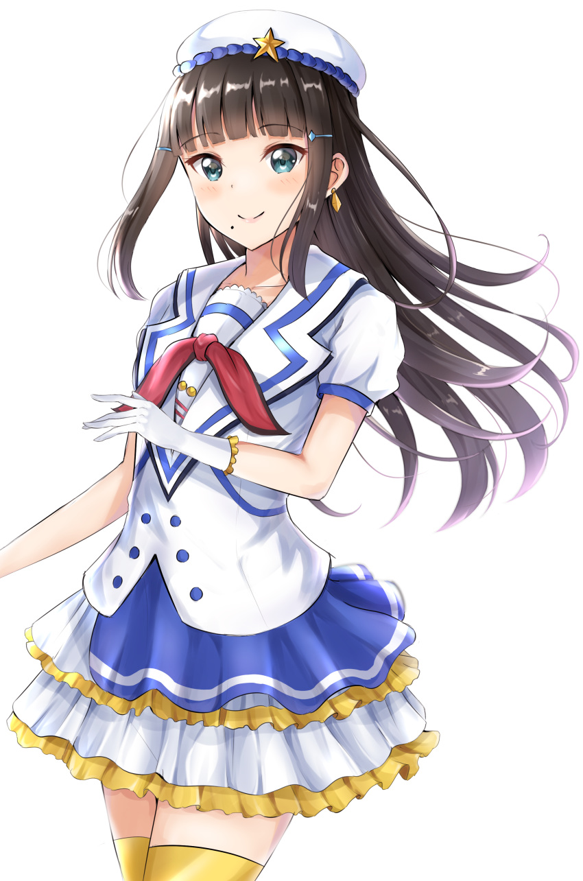 1girl absurdres aozora_jumping_heart bangs blue_eyes blunt_bangs blush brown_hair collarbone cowboy_shot earrings eyebrows_visible_through_hair floating_hair frilled_gloves frilled_skirt frills gloves hair_ornament hat highres jacket jewelry kurosawa_dia layered_skirt long_hair looking_at_viewer love_live! love_live!_sunshine!! miniskirt mole mole_under_mouth shiny shiny_hair short_sleeves simple_background sin_(sin52y) skirt smile solo standing star_hat_ornament thighhighs very_long_hair white_background white_gloves white_headwear white_jacket yellow_legwear zettai_ryouiki