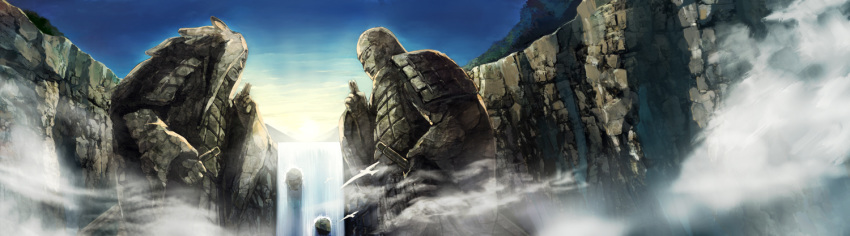 animal armor bird blue_sky flying forest hand_gesture naruto naruto_(series) nature no_humans oba-min rock scabbard scenery sheath sky statue steam sun tree water waterfall weapon white_bird