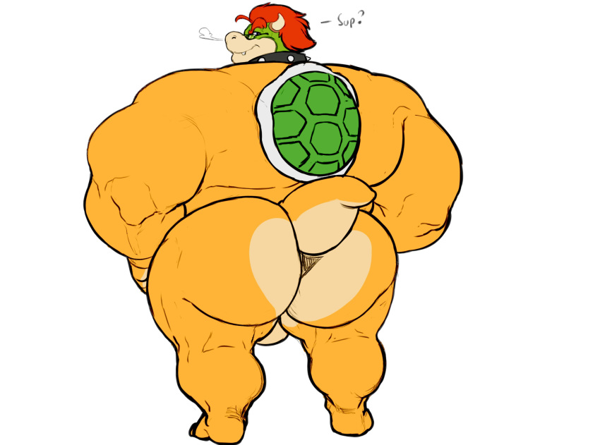 2018 anthro balls big_arms big_butt bowser butt collar dialogue eyewear glasses hair hi_res itzcharlie koopa looking_at_viewer male mario_bros muscular muscular_male nintendo red_hair scalie shell solo video_games