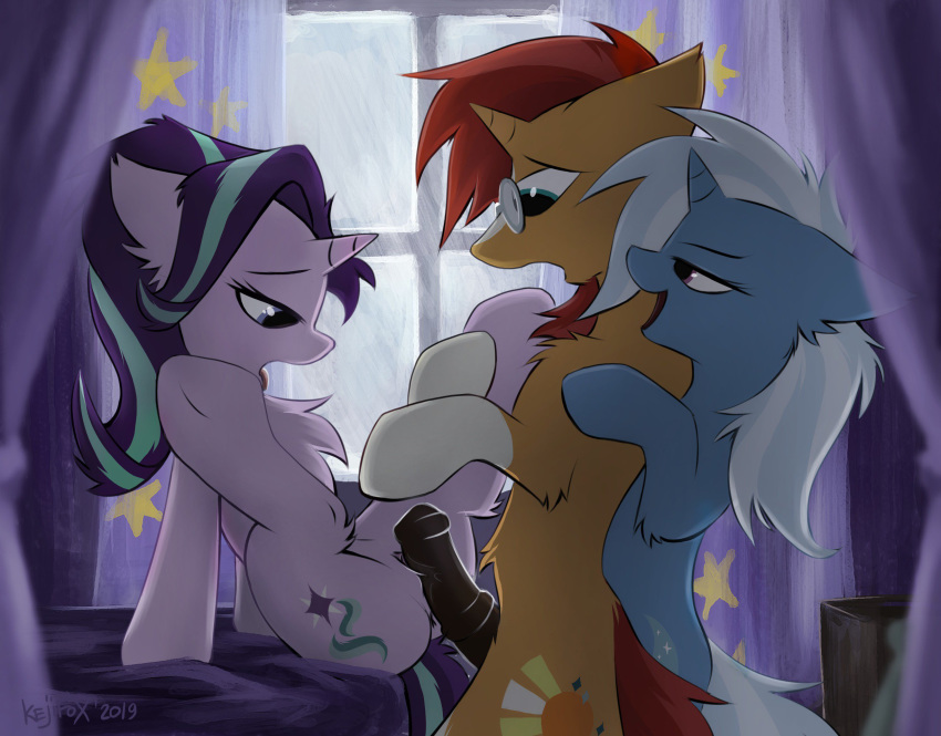 2019 animal_genitalia animal_penis bed cutie_mark equid equine equine_penis erection female feral friendship_is_magic group group_sex hair hi_res horn horse inside kejzfox mammal multicolored_hair my_little_pony on_bed penis sex spread_legs spreading starlight_glimmer_(mlp) sunburst_(mlp) threesome trixie_(mlp) two_tone_hair unicorn window