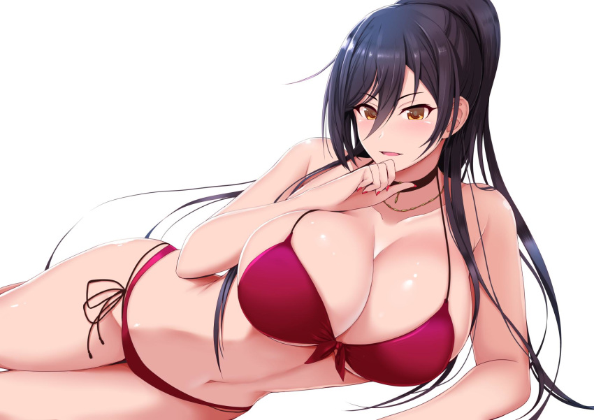 1girl bangs bare_shoulders bikini black_hair blush breasts choker cleavage collarbone eyebrows_visible_through_hair gold hair_between_eyes highres idolmaster idolmaster_shiny_colors jewelry large_breasts long_hair looking_at_viewer lying moo_yoshio nail_polish necklace on_side open_mouth ponytail red_bikini red_nails shirase_sakuya side-tie_bikini sidelocks smile solo swimsuit thighs yellow_eyes