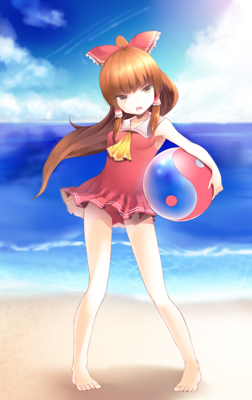 1girl angry ascot ball bangs beach beachball blue_sky blurry blurry_background bow breasts brown_eyes brown_hair cloud collarbone day floating_hair frilled_bow frills full_body hair_bow hair_tubes hakurei_reimu head_tilt highres long_hair looking_at_viewer ocean open_mouth outdoors ponytail red_bikini_top red_bow red_shirt sailor_collar shiny shiny_hair shirt sky sleeveless sleeveless_shirt small_breasts solo sunlight tauta_(meshia8787) touhou very_long_hair white_sailor_collar yellow_neckwear younger