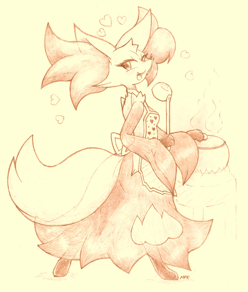 &lt;3 anthro apron blush breasts canid canine clothed clothing cute_fangs delphox female fullfolka hi_res looking_at_viewer mammal nintendo pok&eacute;mon pok&eacute;mon_(species) solo video_games