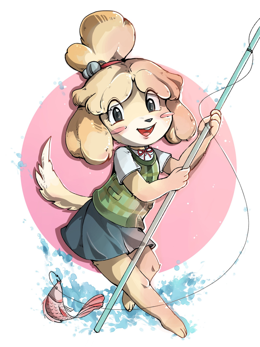 2019 absurd_res animal_crossing anthro black_nose blush canid canine clothing female fish floppy_ears hair_ornament hi_res isabelle_(animal_crossing) mammal marine nikoyosan nintendo open_mouth video_games