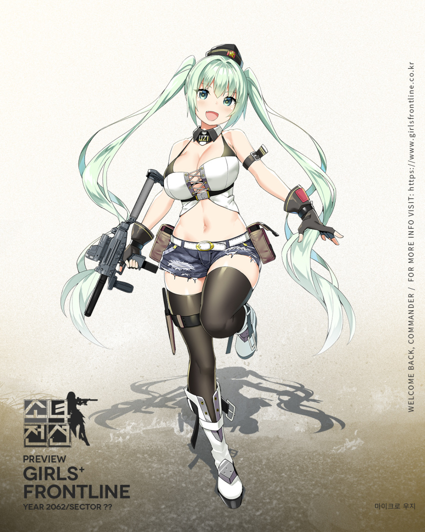 1girl :d aqua_eyes aqua_hair arm_strap bangs belt between_breasts black_gloves black_legwear blush boots breasts buckle character_name denim denim_shorts detached_collar eyebrows eyebrows_visible_through_hair fang fingerless_gloves full_body girls_frontline gloves gradient_hair gun hair_between_eyes hat highres holding holding_gun holding_weapon holster imi_uzi knee_boots large_breasts leaning_forward leg_up long_hair long_sleeves looking_at_viewer micro_uzi micro_uzi_(girls_frontline) midriff mod3_(girls_frontline) multicolored_hair navel official_art open_mouth short_shorts shorts sidelocks sky_(freedom) smile snap-fit_buckle solo standing standing_on_one_leg stomach submachine_gun thigh_strap thighhighs trigger_discipline twintails weapon white_footwear white_hair