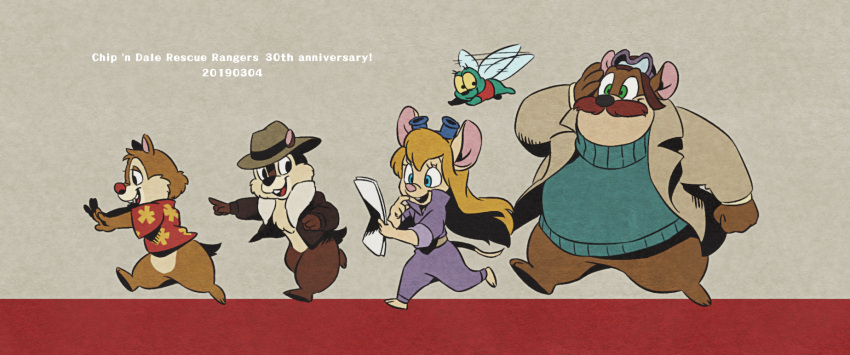 2019 4_fingers anniversary anthro arthropod black_nose blue_eyes bottomless brown_clothing brown_fur brown_topwear buckteeth chip_'n_dale_rescue_rangers chip_(disney) chipmunk clothed clothing dale_(disney) derimiko disney english_text eyelashes eyewear facial_hair fedora female fly flying fur gadget_hackwrench gesture goggles goggles_on_head green_body green_eyes ground_squirrel group hair hand_on_head hat hawaiian_shirt headgear headwear hi_res insect long_hair looking_back male mammal monterey_jack_(cdrr) mouse murid murine mustache open_jacket open_mouth open_smile overweight pink_nose pointing purple_clothing red_clothing red_nose red_shirt red_topwear rodent running sciurid shirt simple_background small_tail smile tan_background tan_fur teeth text textured_background topwear uniform wings yellow_sclera zipper_(cdrr)