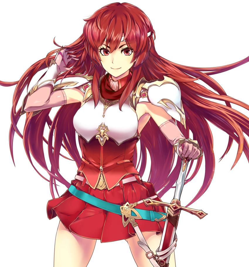 1girl alternate_costume alternate_hair_length alternate_hairstyle armpits belt breastplate cowboy_shot elbow_gloves fire_emblem fire_emblem:_monshou_no_nazo fire_emblem:_shin_ankoku_ryuu_to_hikari_no_tsurugi fire_emblem_heroes floating_hair gloves hand_in_hair hand_on_hilt headband highres long_hair looking_at_viewer minerva_(fire_emblem) miniskirt nintendo pegasus_knight pink_gloves pleated_skirt red_eyes red_hair red_skirt shirt shoulder_armor simple_background skirt sleeveless smile solo sword thighs uro_(oolong) vambraces weapon white_background