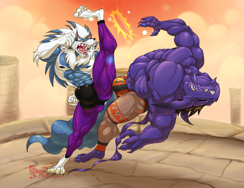 2019 4_toes 5_fingers abs anthro biceps black_hair black_nose blue_fur blue_hair blue_skin bulge canid canine canis capcom claws daemnyk darkstalkers demon drooling duo fight fist fur gloves_(marking) hair hi_res high_kick hungothenomster jon_talbain kick majiin_(hungothenomster) male mammal mane markings multicolored_fur multicolored_hair multicolored_skin muscular muscular_male muscular_thighs pecs purple_skin saliva sharp_teeth socks_(marking) standing teeth tight_underwear toes two_tone_fur two_tone_hair two_tone_skin video_games were werecanid werecanine werewolf white_fur white_hair white_skin wince wolf