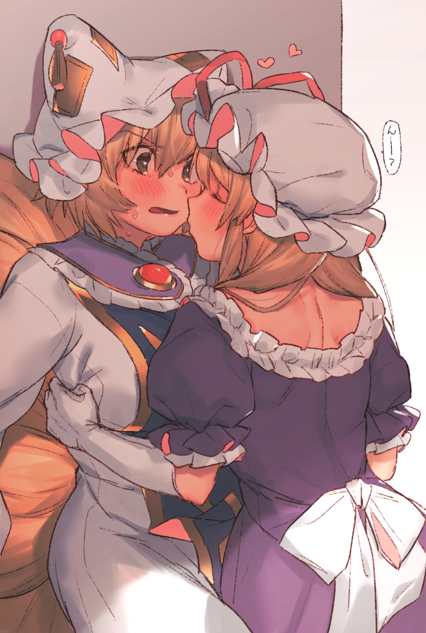 2girls bangs blonde_hair blush bow breasts brown_eyes commentary_request cowboy_shot dress eyebrows_visible_through_hair eyes_closed facing_another fox_tail frilled_shirt_collar frills from_behind gradient gradient_background grey_background hair_between_eyes hat hat_ribbon heart highres imminent_kiss large_breasts long_hair long_sleeves looking_at_another masanaga_(tsukasa) mob_cap multiple_girls multiple_tails open_mouth pillow_hat puffy_short_sleeves puffy_sleeves purple_dress red_ribbon ribbon short_hair short_sleeves speech_bubble sweat tabard tail touhou translation_request wall white_background white_bow white_dress white_headwear yakumo_ran yakumo_yukari yuri