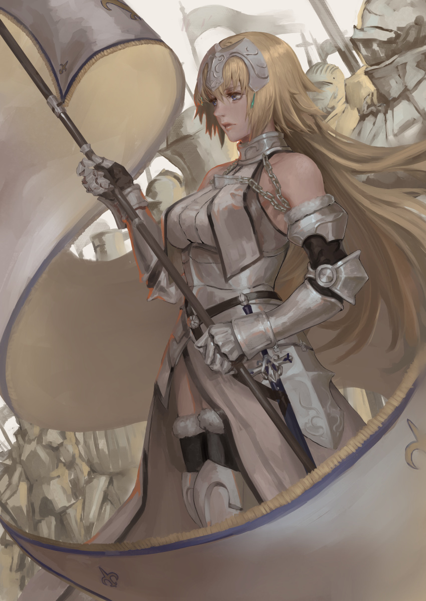 1girl absurdres armor armored_boots armored_dress bangs bare_shoulders black_legwear blonde_hair blue_eyes boots breasts chains closed_mouth commentary dress expressionless fate/apocrypha fate/grand_order fate_(series) faulds flag floating_hair from_side fur-trimmed_gloves fur-trimmed_legwear fur_trim gauntlets gloves hair_between_eyes halterneck hand_up headpiece highres holding holding_flag jeanne_d'arc_(fate) jeanne_d'arc_(fate)_(all) knight large_breasts long_hair looking_away peperon_(peperou) plackart sheath sheathed standard_bearer standing sword thighhighs weapon white_dress wind wind_lift