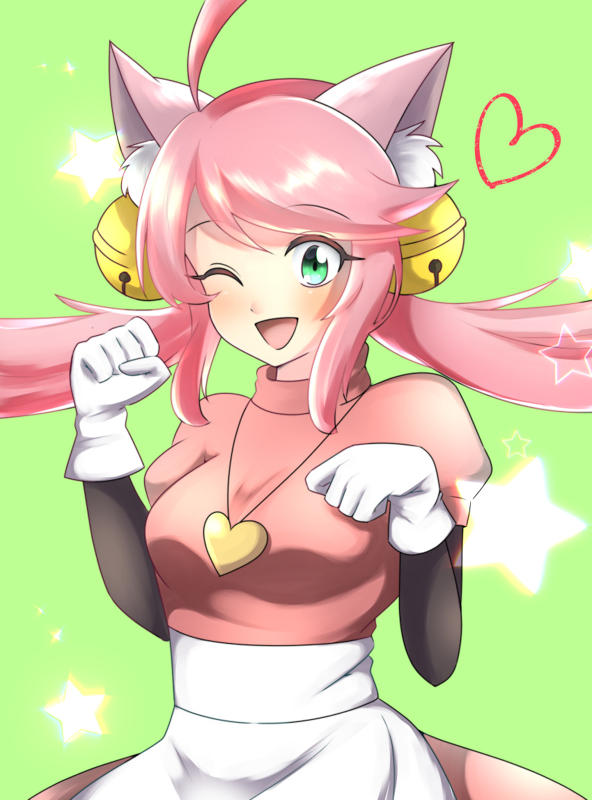 1girl absurdres animal_ears bells cat_ears fang gloves green_eyes highres mad_mew_mew magical_girl pink_hair undertale white_gloves wink