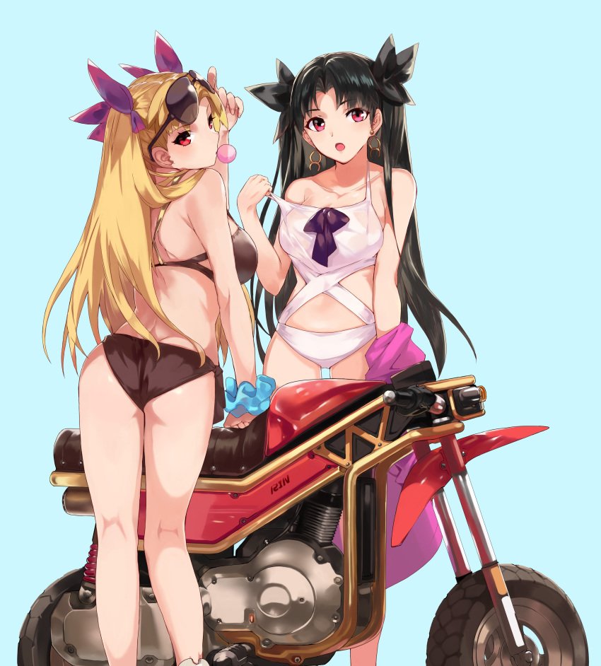 2girls absurdres ass back bangs bare_shoulders bikini black_ribbon blonde_hair blue_background blush breasts brown_bikini chewing_gum collarbone earrings ereshkigal_(fate/grand_order) eyewear_on_head fate/grand_order fate_(series) ground_vehicle hair_ribbon highres hoop_earrings ishtar_(fate/grand_order) ishtar_(swimsuit_rider)_(fate) jacket jewelry long_hair looking_at_viewer motor_vehicle motorcycle multiple_girls navel off_shoulder ohland one-piece_swimsuit open_clothes open_jacket open_mouth parted_bangs pink_jacket red_eyes red_ribbon ribbon simple_background sunglasses swimsuit thighs two_side_up white_swimsuit