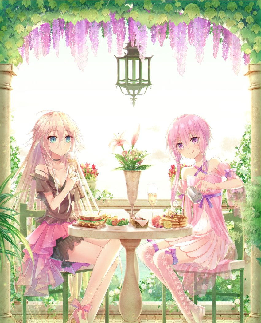 :p bangs bare_shoulders blonde_hair blue_eyes bow braid chair choker collarbone dress eyebrows_visible_through_hair food glass hair_between_eyes highres ia_(vocaloid) legs_crossed long_hair looking_at_viewer low_twintails pancake pink_bow pink_hair purple_eyes sakakidani sandwich short_hair_with_long_locks sitting smile strapless strapless_dress table thighhighs tongue tongue_out tube_dress twin_braids twintails vocaloid voiceroid yuzuki_yukari