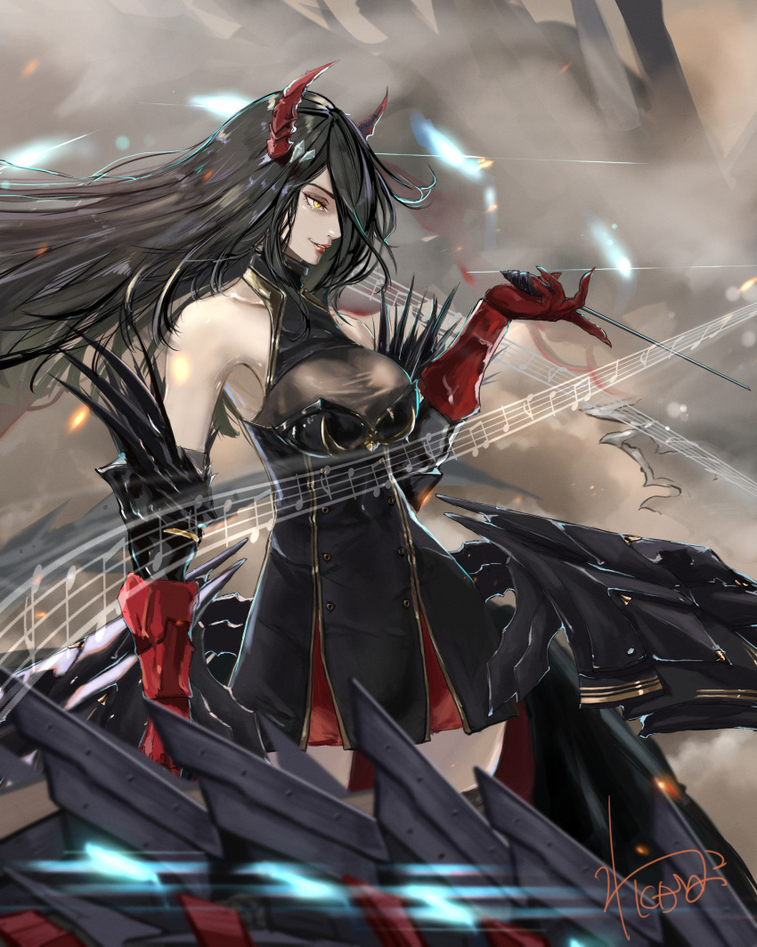 1girl absurdres azur_lane bangs bare_shoulders baton_(instrument) black_dress black_hair black_legwear breasts cannon cleavage dress friedrich_der_grosse_(azur_lane) from_side gloves hair_over_one_eye highres holding horns kdm_(ke_dama) large_breasts long_hair machinery outdoors parted_lips red_gloves red_horns red_lips rigging signature sleeveless sleeveless_dress smile solo taut_clothes taut_dress thighhighs very_long_hair wind yellow_eyes
