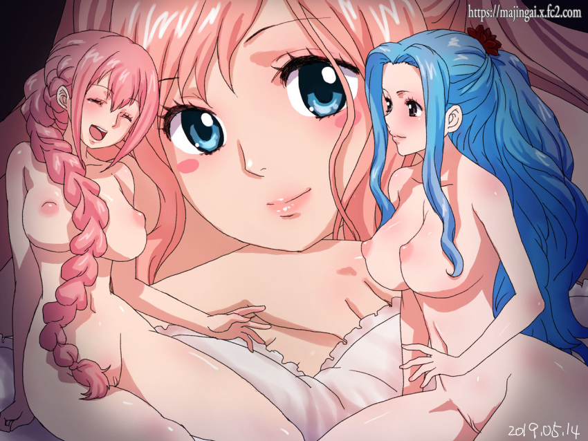 2019 3girls blue_eyes blue_hair blush blush_stickers braid breasts brown_eyes chin_rest dated eyes_closed female giantess ginko_(silver_fox) inverted_nipples large_breasts laughing long_hair looking_at_another lying multiple_girls navel nefertari_vivi nipples nude on_back one_piece open_mouth pink_hair pussy rebecca_(one_piece) shirahoshi single_braid sitting smile uncensored watermark web_address