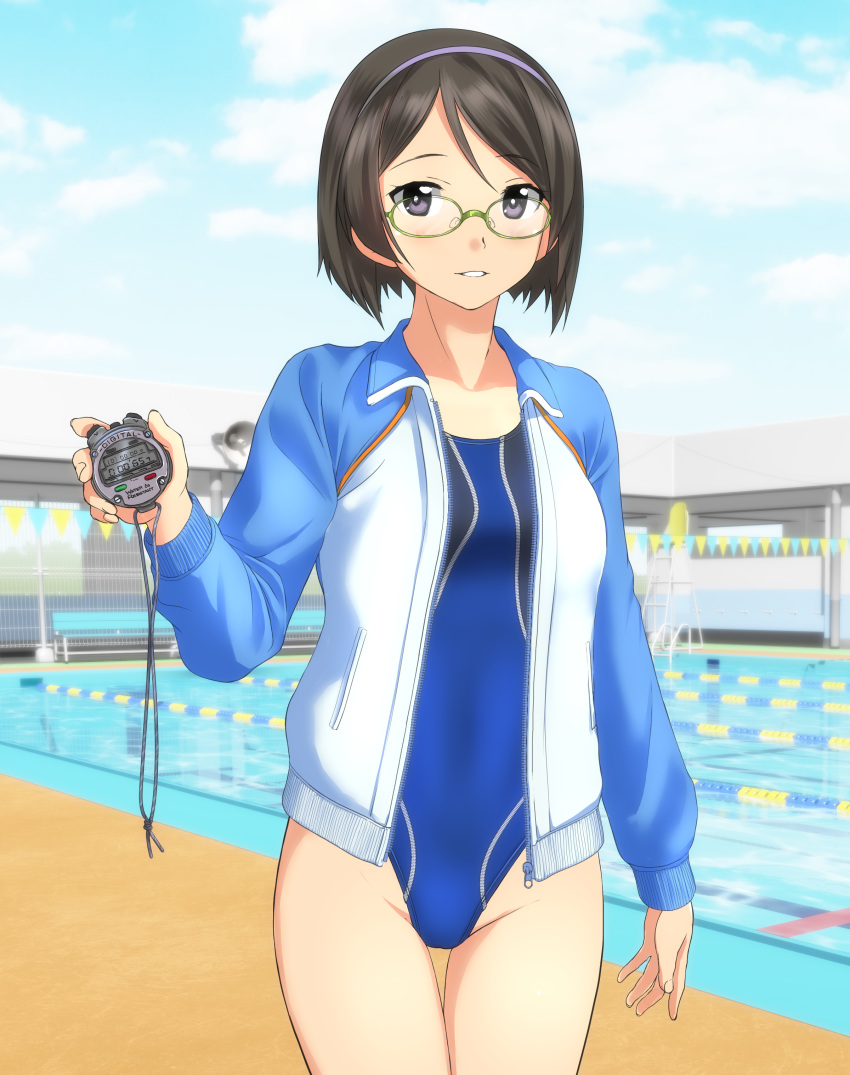 1girl absurdres alternate_costume black_eyes black_hair blue_hairband blue_sky blue_swimsuit cloud commentary_request competition_swimsuit cowboy_shot day glasses green-framed_eyewear hairband highres jacket kantai_collection kirishima_(kantai_collection) looking_at_viewer one-piece_swimsuit outdoors pool short_hair sky solo standing stopwatch swimsuit takafumi track_jacket two-tone_jacket watch