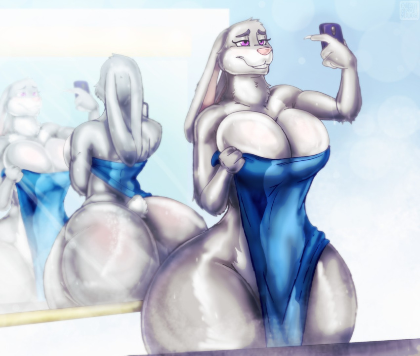 anthro big_breasts big_butt breasts butt clothed clothing digital_media_(artwork) disney female fur huge_breasts huge_butt hyper hyper_butt judy_hopps lagomorph leporid mammal mirror open_mouth purple_eyes rabbit smile solo standing thick_thighs wide_hips xtrent968 zootopia