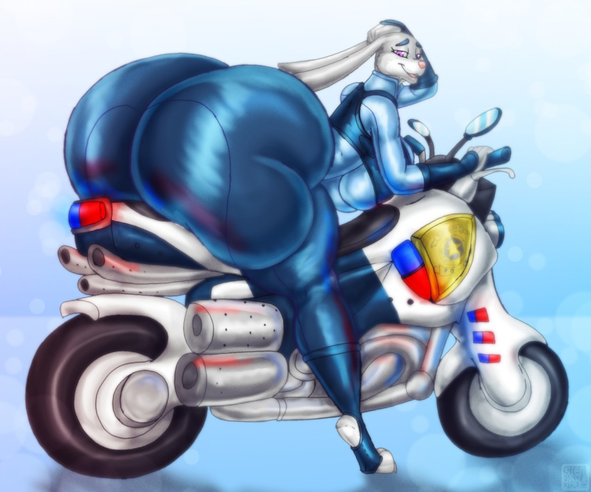 anthro big_breasts big_butt breasts butt clothed clothing digital_media_(artwork) disney female fur huge_butt hyper hyper_butt judy_hopps lagomorph legwear leporid looking_at_viewer mammal motorcycle open_mouth purple_eyes rabbit simple_background smile solo standing thick_thighs topwear vehicle white_fur wide_hips xtrent968 zootopia