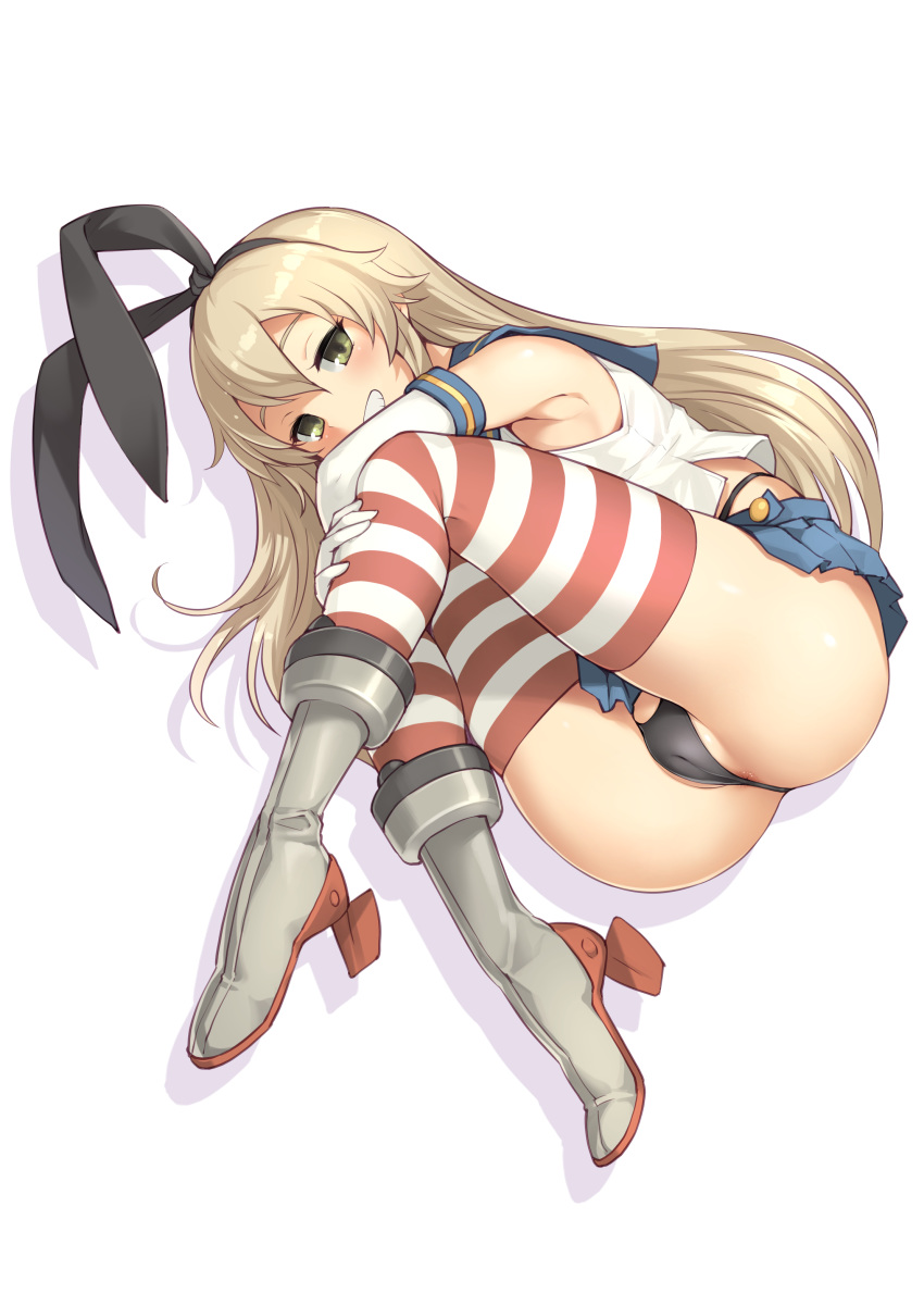 1girl absurdres armpits ass black_panties blonde_hair blue_skirt blush bosshi bow cameltoe crop_top elbow_gloves enty_reward gloves green_eyes groin hair_between_eyes hair_ornament hair_ribbon hairband highleg highleg_panties highres kantai_collection long_hair looking_at_viewer lying microskirt midriff miniskirt navel on_side paid_reward panties pleated_skirt pussy ribbon sailor_collar school_uniform serafuku shimakaze_(kantai_collection) shirt skirt smile solo string_panties striped striped_legwear thighhighs thighs underwear white_background white_gloves