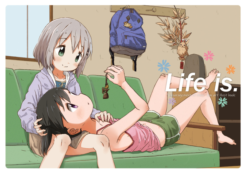 2girls ashida_ichirou backpack bag bandaid bandaid_on_knee bird black_hair blush breast_grab camisole collarbone couch engrish feet grabbing green_eyes grey_hair hair_ornament hand_on_another's_head indoors kuraue_hinata lap_pillow long_sleeves lying multiple_girls navel owl purple_eyes ranguage short_hair shorts sleeveless smile twintails window yama_no_susume yukimura_aoi yuri