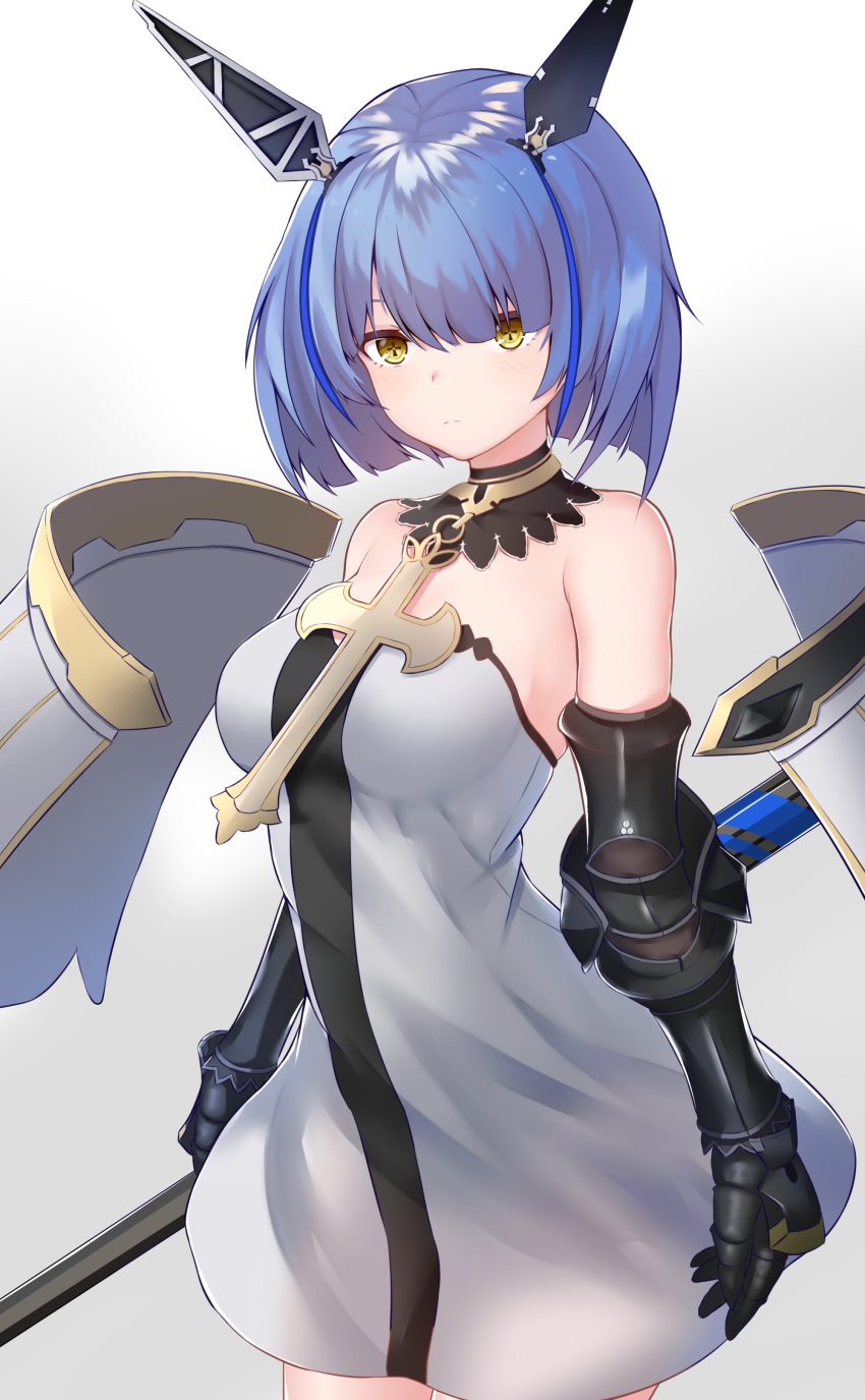 +_+ 1girl absurdres azur_lane bare_shoulders blue_hair closed_mouth cowboy_shot detached_collar dress expressionless floating floating_object gascogne_(azur_lane) gauntlets headgear highres holding latin_cross looking_at_viewer multicolored_hair pnt_(ddnu4555) polearm short_hair shoulder_armor sleeveless sleeveless_dress solo spaulders standing strapless strapless_dress streaked_hair symbol-shaped_pupils weapon white_dress yellow_eyes