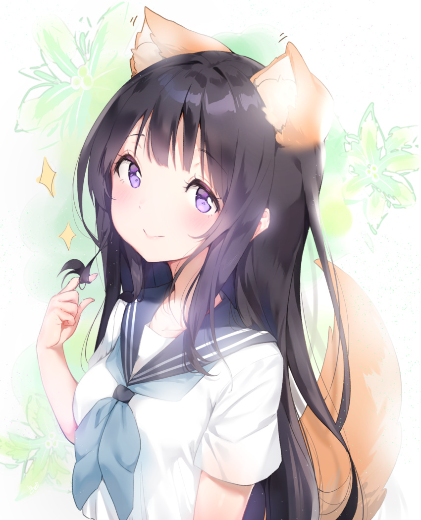 1girl animal_ear_fluff animal_ears bangs black_hair blue_neckwear blue_sailor_collar blush breasts cheli_(kso1564) chitanda_eru closed_mouth commentary_request dog_ears dog_girl dog_tail eyebrows_visible_through_hair fingernails floral_background green_flower hair_tousle highres hyouka long_hair neckerchief purple_eyes sailor_collar shirt short_sleeves small_breasts smile solo sparkle tail tail_raised upper_body very_long_hair white_background white_shirt